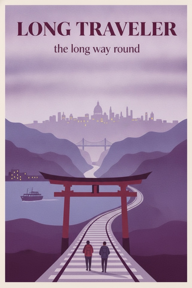 Long Traveler poster: a single rail line winding past a torii gate, a harbour, a river gorge and a distant city, under the words the long way round.